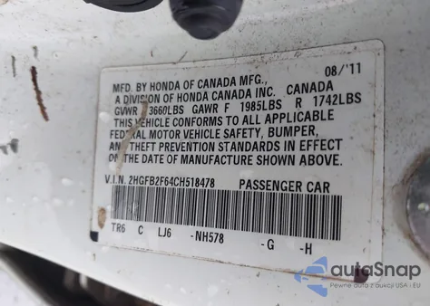 2012 Honda Civic Hf z USA, uszkodzony, nr VIN 2HGFB2F64CH518478